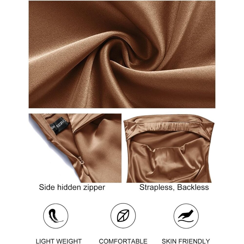 Women's Brown Cocktail Satin Strapless Tube Bodycon Backless Party Maxi Dress - Picture 5 of 7